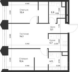 ЖК «Voice Towers», планировка 2-комнатной квартиры, 55.10 м²