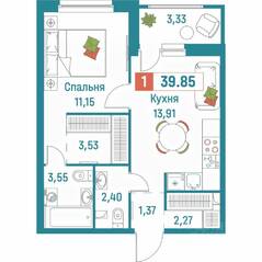 ЖК «Графика», планировка 1-комнатной квартиры, 39.85 м²