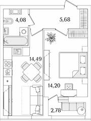 ЖК «Лайнеръ», планировка 1-комнатной квартиры, 39.84 м²