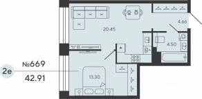 ЖК «Bashni Element», планировка 1-комнатной квартиры, 42.91 м²
