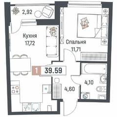 ЖК «Авиатор» (Девяткино), планировка 1-комнатной квартиры, 39.59 м²