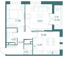 ЖК «Одинбург», планировка 3-комнатной квартиры, 64.11 м²