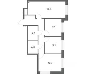ЖК «Парусная 1», планировка 3-комнатной квартиры, 69.40 м²