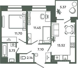 ЖК «Загляденье», планировка 2-комнатной квартиры, 49.64 м²