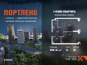 ЖК «ПОРТЛЕНД», планировка 1-комнатной квартиры, 38.40 м²