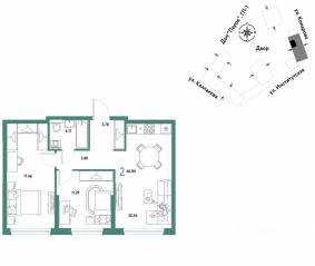 ЖК «Страна.Парковая», планировка 2-комнатной квартиры, 60.86 м²