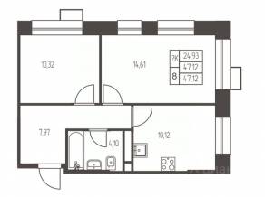 ЖК «Новая Ивантеевка», планировка 2-комнатной квартиры, 47.10 м²