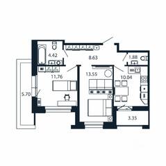 ЖК «Полис Новоселье», планировка 2-комнатной квартиры, 53.67 м²