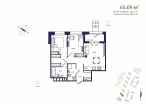 ЖК «Ranta Residence», планировка 2-комнатной квартиры, 65.09 м²
