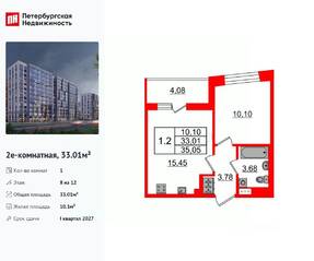 ЖК «Бионика Заповедная», планировка 1-комнатной квартиры, 33.01 м²