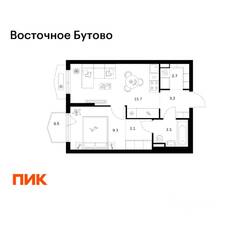 ЖК «Восточное Бутово», планировка 1-комнатной квартиры, 38.00 м²
