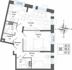 ЖК «Киноквартал», планировка 3-комнатной квартиры, 66.40 м²