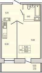 ЖК «Экос», планировка 1-комнатной квартиры, 39.60 м²