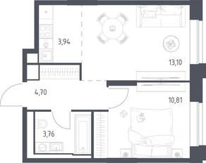 Апарт-комплекс «Верейская 41», планировка 1-комнатной квартиры, 36.30 м²