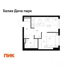 ЖК «Белая Дача парк», планировка 1-комнатной квартиры, 33.40 м²
