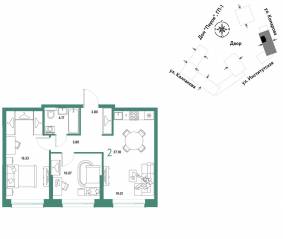 ЖК «Страна.Парковая», планировка 2-комнатной квартиры, 57.18 м²