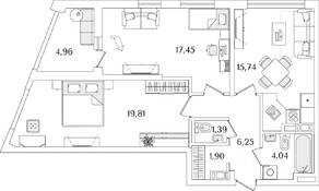 ЖК «Лайнеръ», планировка 2-комнатной квартиры, 68.60 м²