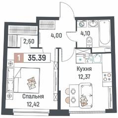 ЖК «Авиатор» (Девяткино), планировка 1-комнатной квартиры, 35.39 м²