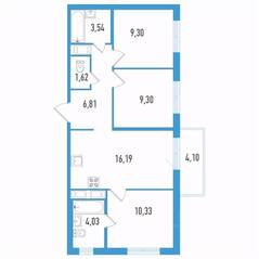 ЖК «Аэросити Life», планировка 3-комнатной квартиры, 62.35 м²