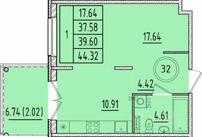 МЖК «Образцовый квартал 17», планировка 1-комнатной квартиры, 37.58 м²