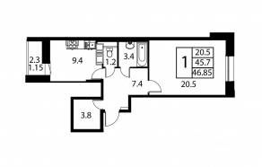 ЖК «Космос», планировка 1-комнатной квартиры, 46.85 м²