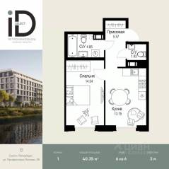 ЖК «ID Petrogradskaya», планировка 1-комнатной квартиры, 40.35 м²