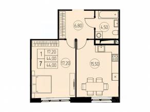 ЖК «7 небо», планировка 1-комнатной квартиры, 44.00 м²