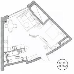 Апарт-комплекс Клубный дом «Рублево», планировка студии, 53.20 м²
