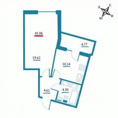ЖК «Левитан», планировка 1-комнатной квартиры, 41.06 м²