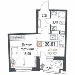 ЖК «Авиатор» (Девяткино), планировка студии, 26.01 м²