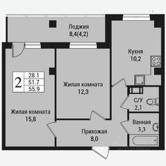 ЖК «Южная заря», планировка 2-комнатной квартиры, 60.30 м²