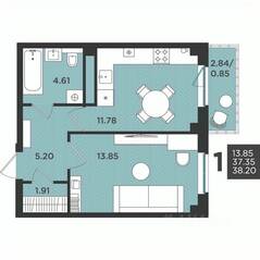 МЖК «Новокасимово», планировка 1-комнатной квартиры, 38.20 м²