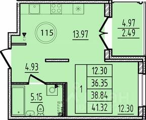 МЖК «Образцовый квартал 14», планировка 1-комнатной квартиры, 36.35 м²