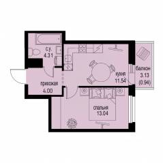 ЖК «ID Murino III», планировка 1-комнатной квартиры, 33.83 м²