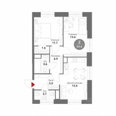 МФК «Voxhall», планировка 2-комнатной квартиры, 59.70 м²