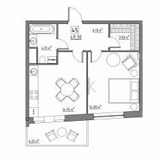 Апарт-комплекс «Residence 15», планировка 2-комнатной квартиры, 49.30 м²