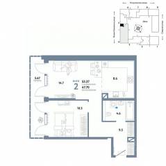 ЖК «Страна.Озерная», планировка 2-комнатной квартиры, 53.37 м²