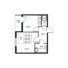 ЖК «Высота» (Бугры), планировка 1-комнатной квартиры, 35.15 м²