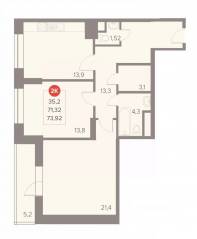 ЖК «Отлично», планировка 2-комнатной квартиры, 73.92 м²