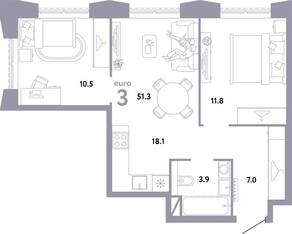 ЖК «Страна.Заречная», планировка 3-комнатной квартиры, 51.30 м²