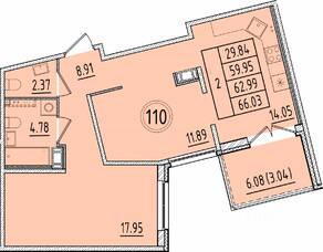 МЖК «Образцовый квартал 17», планировка 2-комнатной квартиры, 59.95 м²