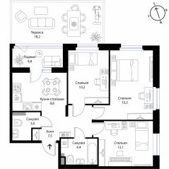 МЖК «Экография», планировка 3-комнатной квартиры, 70.00 м²