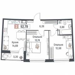 ЖК «Авиатор» (Девяткино), планировка 2-комнатной квартиры, 52.79 м²