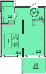 МЖК «Образцовый квартал 16», планировка 1-комнатной квартиры, 40.21 м²