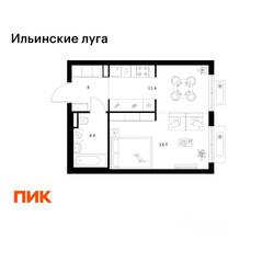 ЖК «Ильинские луга», планировка 1-комнатной квартиры, 33.50 м²