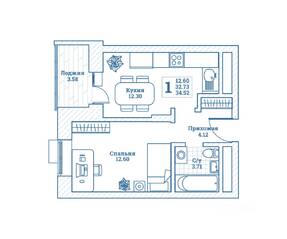 ЖК «Новоград Монино», планировка 1-комнатной квартиры, 34.80 м²