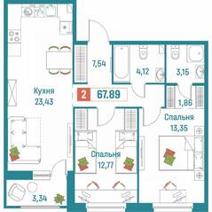 ЖК «Графика», планировка 2-комнатной квартиры, 67.89 м²