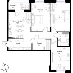 МЖК «Экография», планировка 4-комнатной квартиры, 85.70 м²