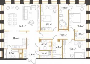 ЖК «Институтский, 16», планировка 3-комнатной квартиры, 157.10 м²