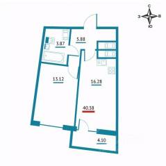 ЖК «Левитан», планировка 1-комнатной квартиры, 40.38 м²